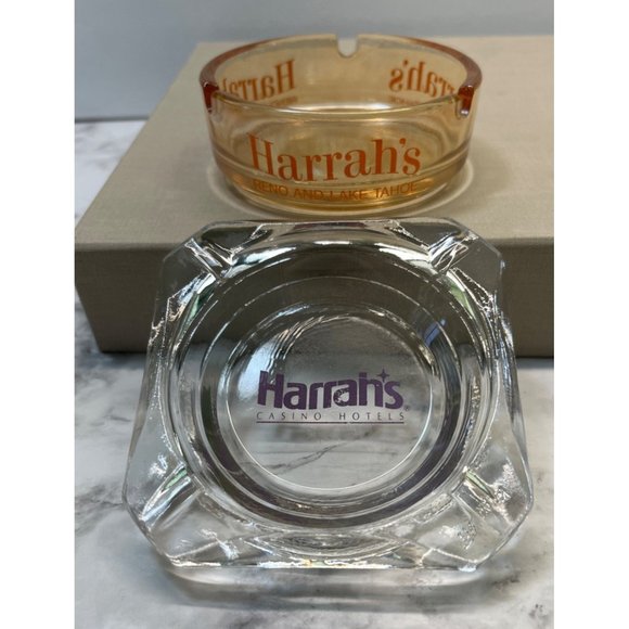 Harrahs Ashtray Hotel and Casino Souvenir Set Reno Lake Tahoe Orange Clear Glass - Picture 10 of 10